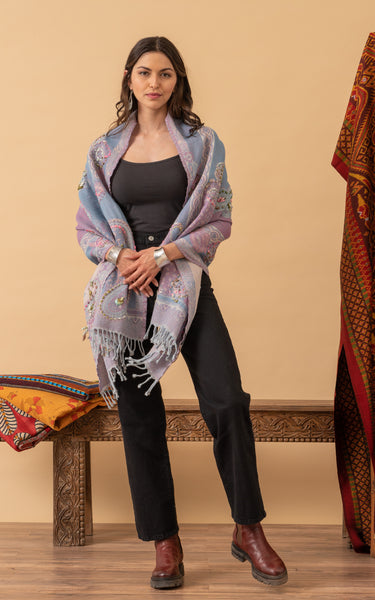 Boiled Wool Shawl, Embroidery, Blue Multi