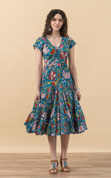 Paloma Dress, Long, Cap Sleeve, Zara Turquoise – Passementrie