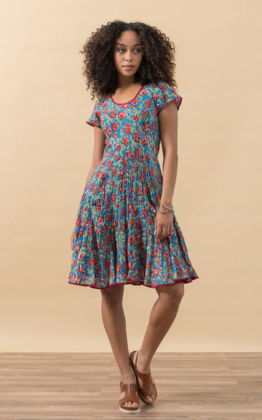 Santa Fe Dress, Long, 3/4 Sleeve, Meena Kari Turquoise & Gold
