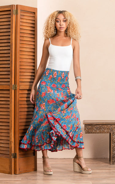 Macarena Skirt, Long, Orange & Sage Rose