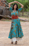Santa Fe Dress, Long, 3/4 Sleeve, Meena Kari Turquoise & Gold