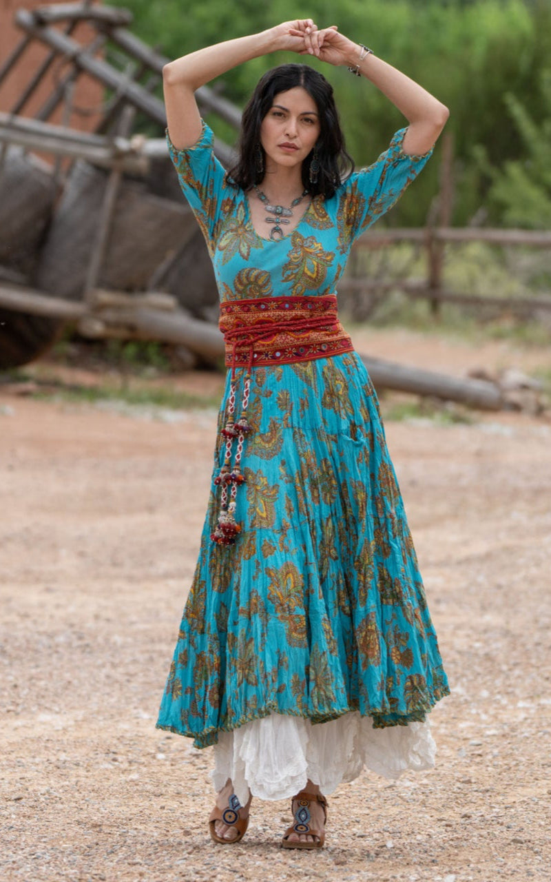 Santa Fe Dress, Long, 3/4 Sleeve, Meena Kari Turquoise & Gold