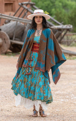 Santa Fe Dress, Long, 3/4 Sleeve, Meena Kari Turquoise & Gold