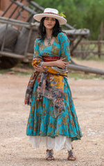 Santa Fe Dress, Long, 3/4 Sleeve, Meena Kari Turquoise & Gold