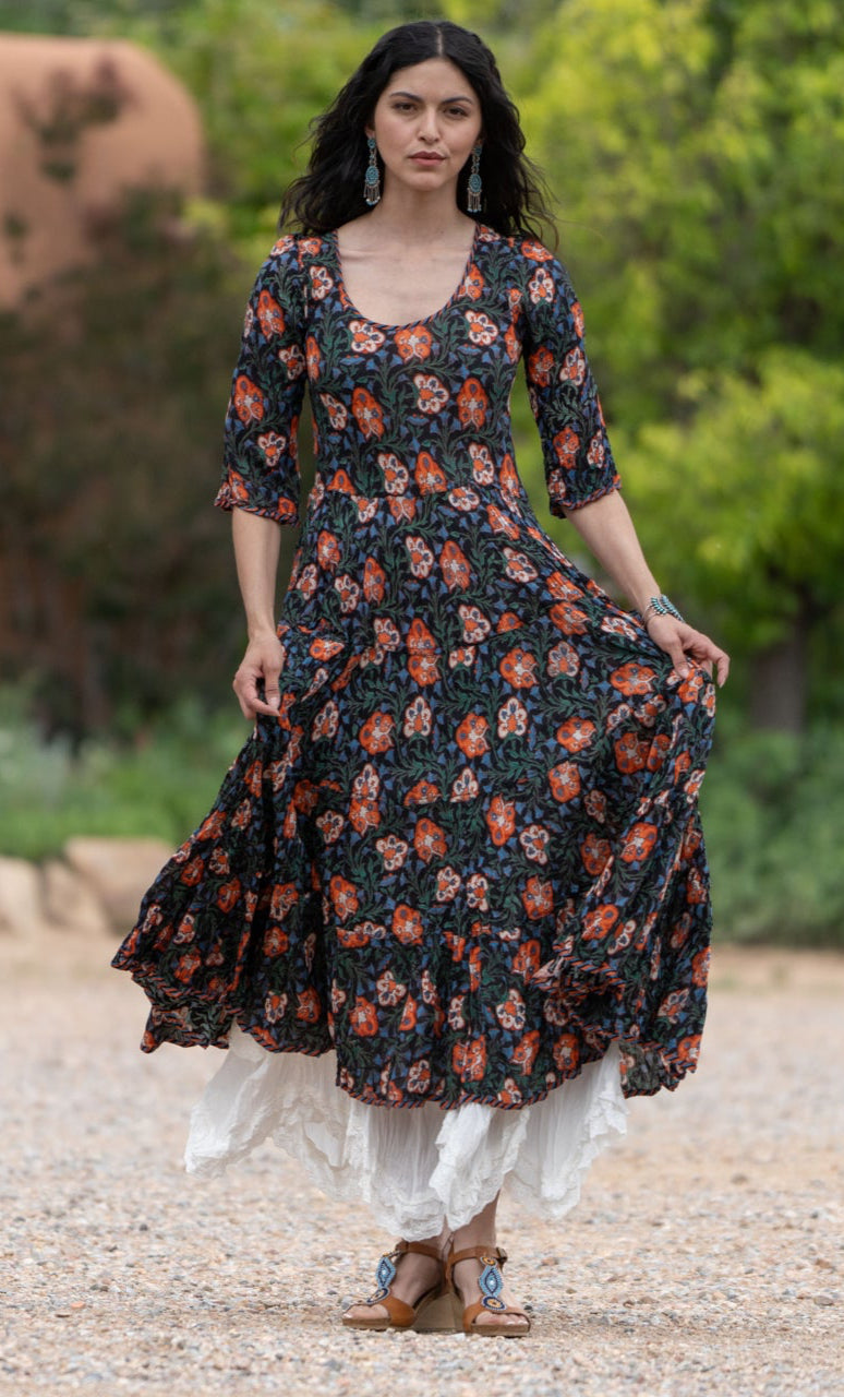 Santa Fe Dress, Long, 3/4 Sleeve, Penina Floral