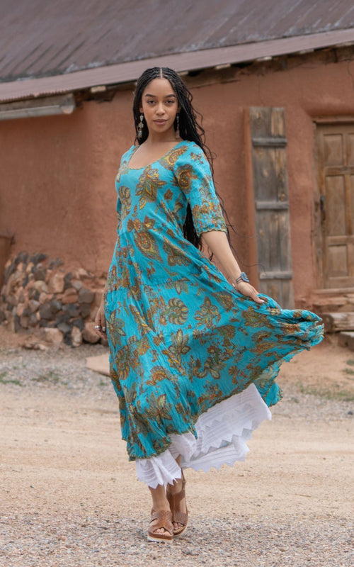 Santa Fe Dress, Long, 3/4 Sleeve, Meena Kari Turquoise & Gold