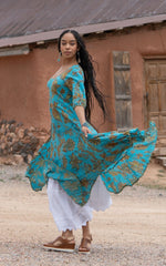 Santa Fe Dress, Long, 3/4 Sleeve, Meena Kari Turquoise & Gold