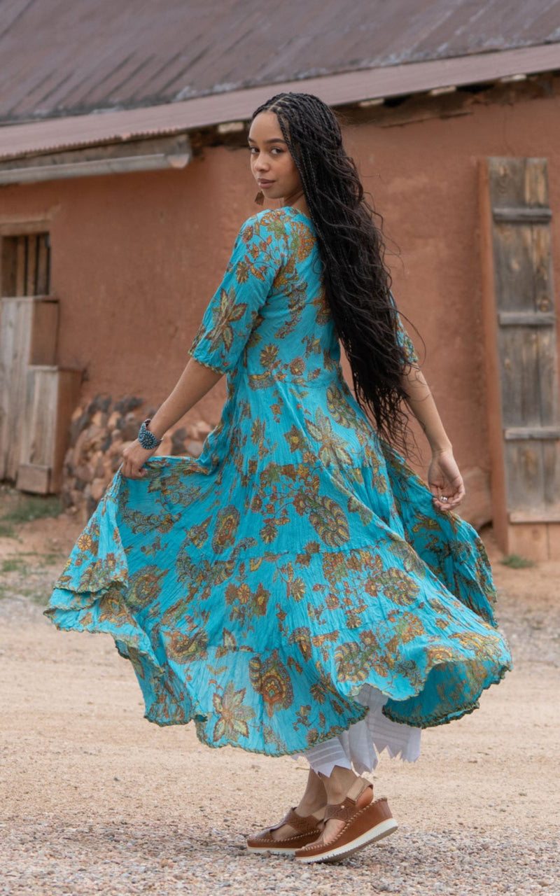 Santa Fe Dress, Long, 3/4 Sleeve, Meena Kari Turquoise & Gold