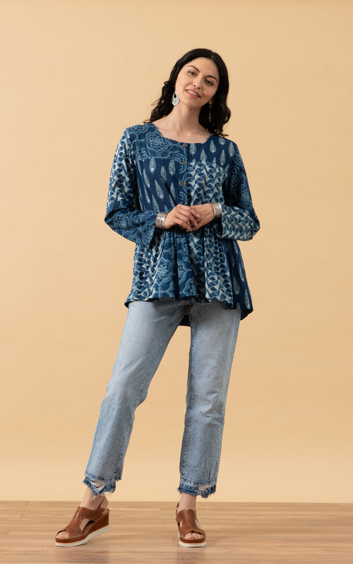 Tokyo Blouse, Long Sleeve, Indigo Patchwork