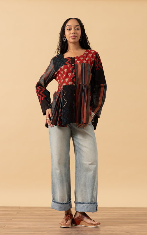 Tokyo Blouse, Long Sleeve, Dark Multi Patchwork