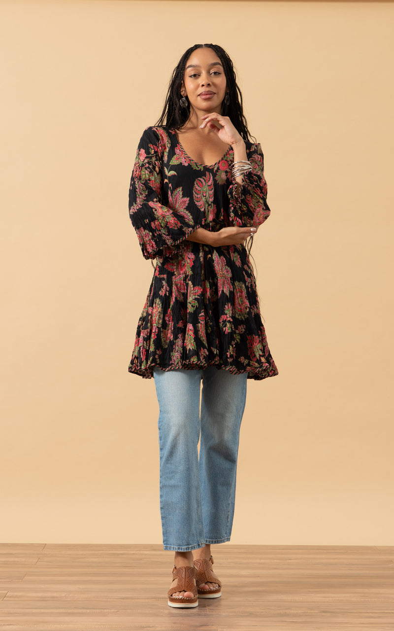 Nomad Blouse, 3/4 Sleeve, Meena Kari Black & Pink