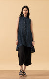 Pintuck Vest, High Low Hem, Indigo Floral