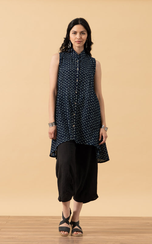 Pintuck Vest, High Low Hem, Indigo Floral