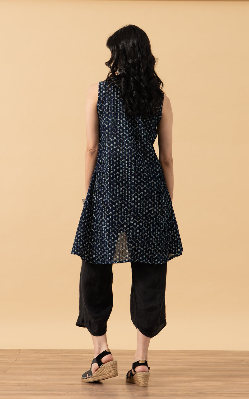 Pintuck Vest, High Low Hem, Indigo Floral