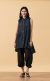Pintuck Vest, High Low Hem, Indigo Floral