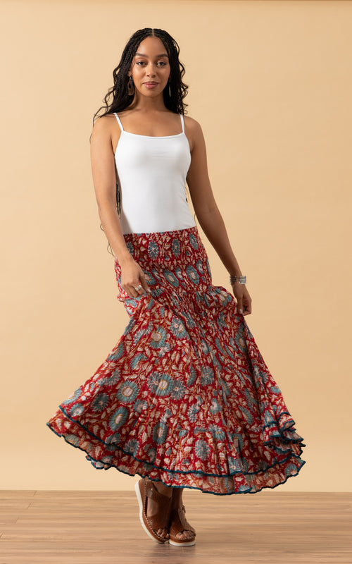 Macarena Skirt, Long, Red & Turquoise Floral