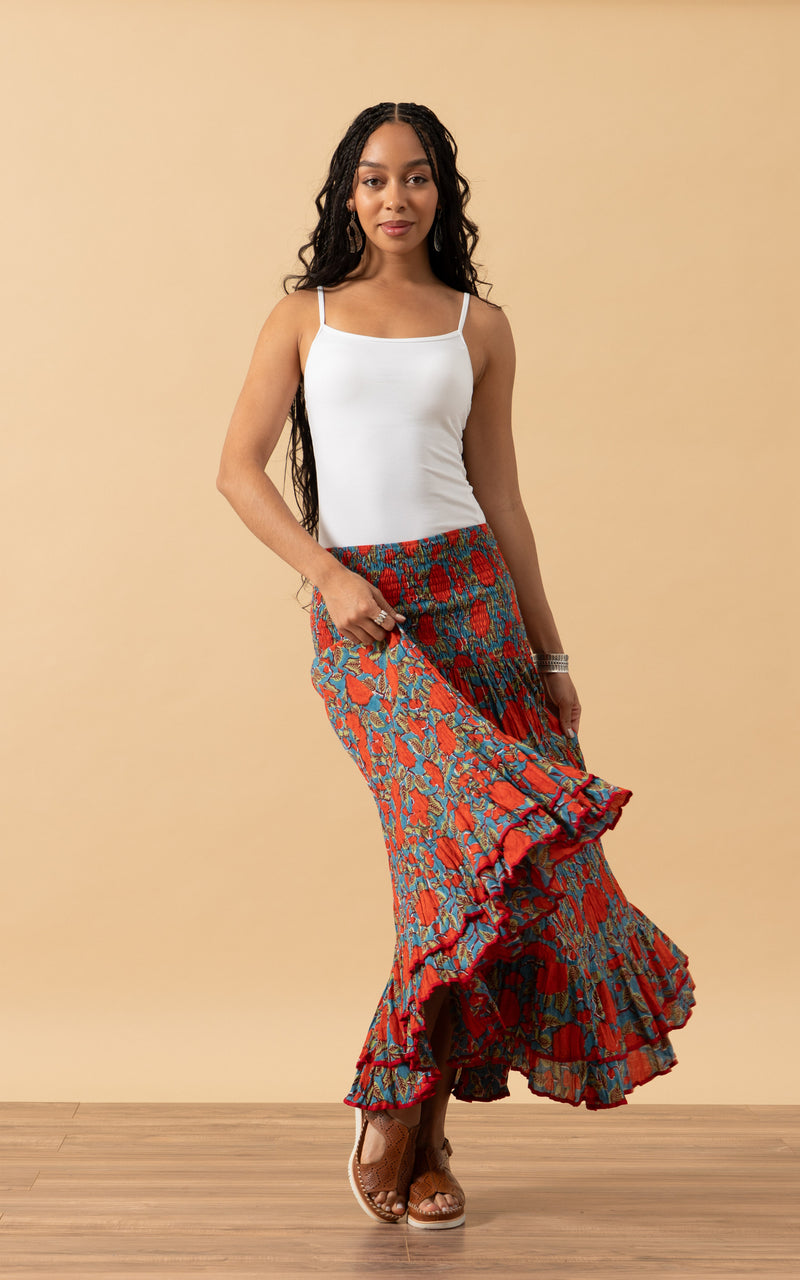 Macarena Skirt, Long, Turquoise & Orange Rose