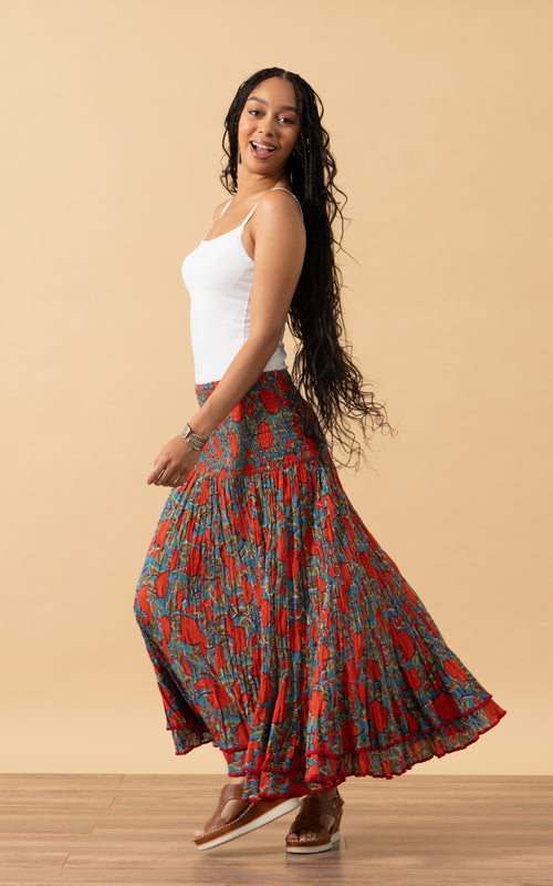 Macarena Skirt, Long, Turquoise & Orange Rose