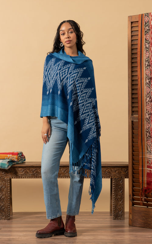 Hand Woven Indigo Shawl, Ikat Diamond