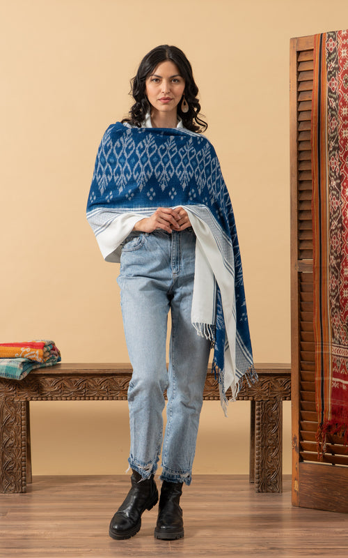 Indigo Handwoven Shawl, White Border