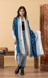 Indigo Handwoven Shawl, White Border
