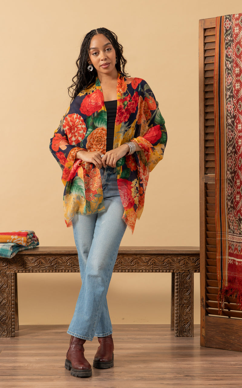 Silk Wool Shawl, Blue Rosetta