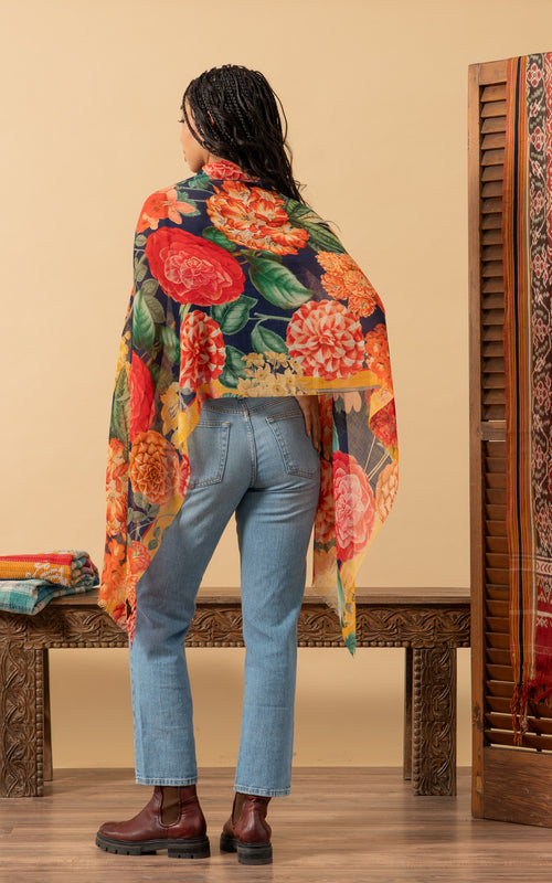Silk Wool Shawl, Blue Rosetta