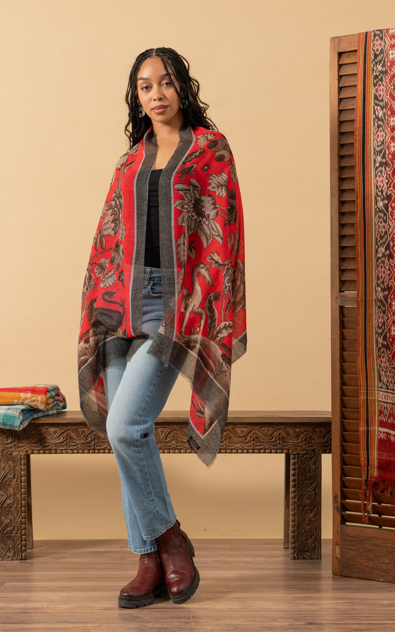 Silk Wool Shawl, Red Tapestry