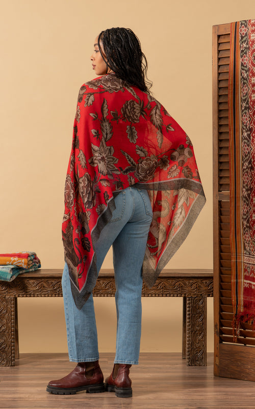 Silk Wool Shawl, Red Tapestry
