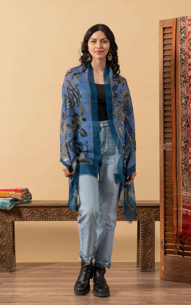 Silk Wool Shawl, Blue Tapestry