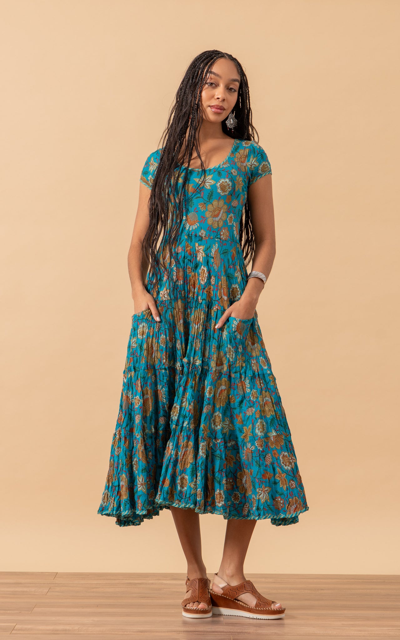 Santa Fe Dress, Long, Cap Sleeve, Tallulah Turquoise Passementrie Santa Fe Dress, Long, Cap Sleeve, Tallulah Turquoise Passementrie