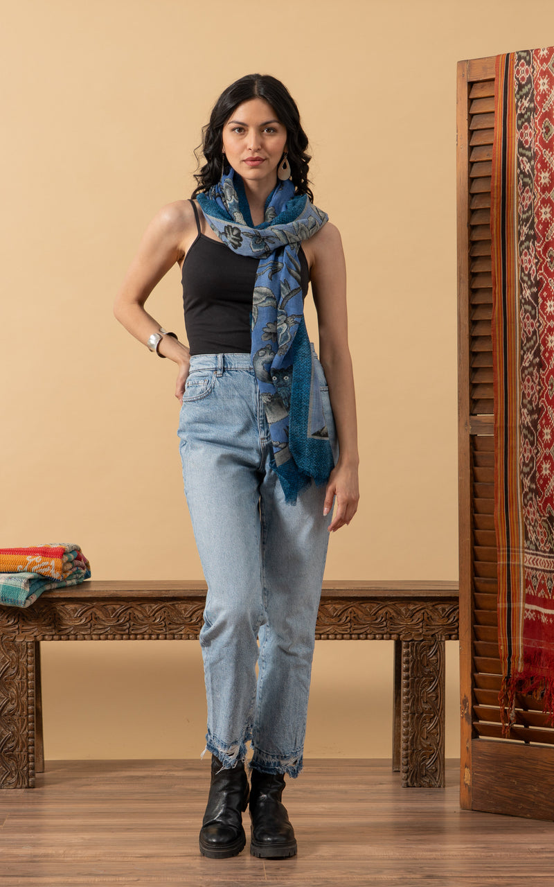 Silk Wool Shawl, Blue Tapestry