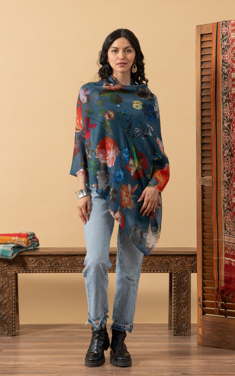 Silk Wool Shawl, Denim Floral