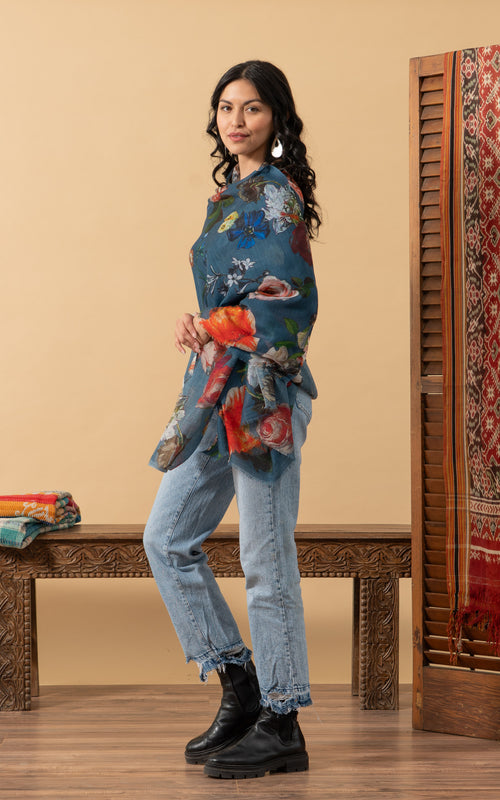 Silk Wool Shawl, Denim Floral