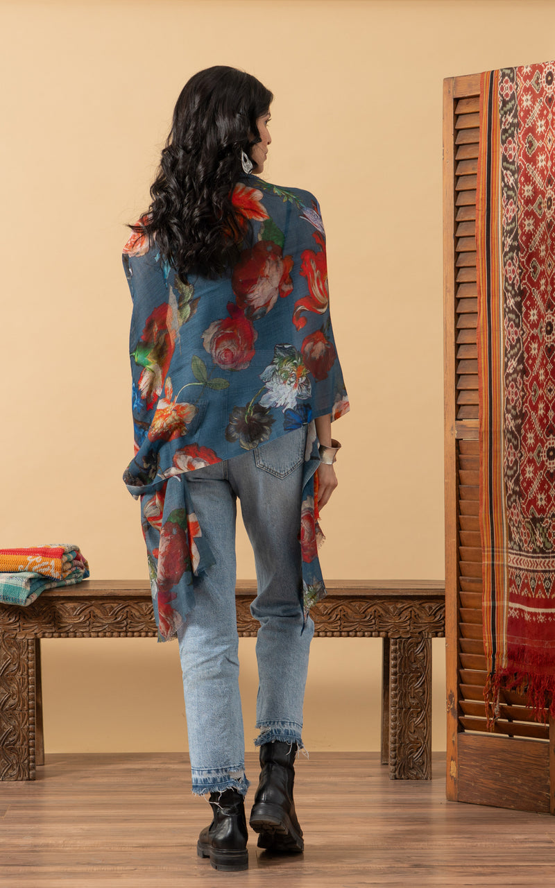 Silk Wool Shawl, Denim Floral