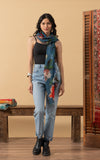 Silk Wool Shawl, Denim Floral