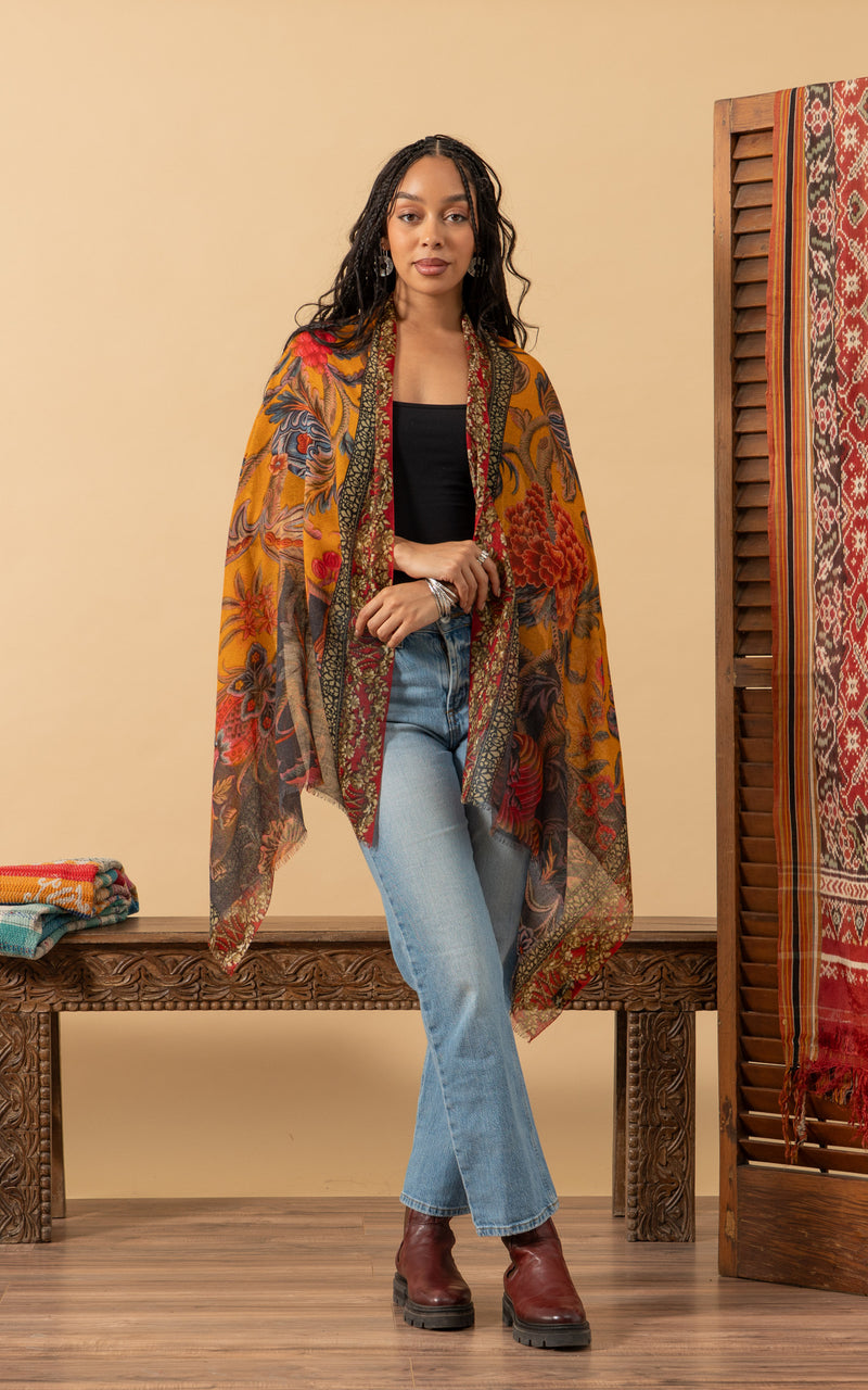 Silk Wool Shawl, Saffron Floral