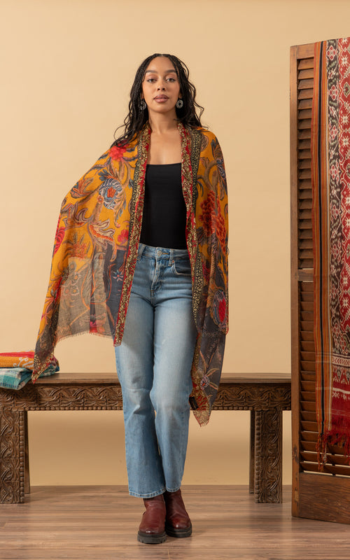 Silk Wool Shawl, Saffron Floral