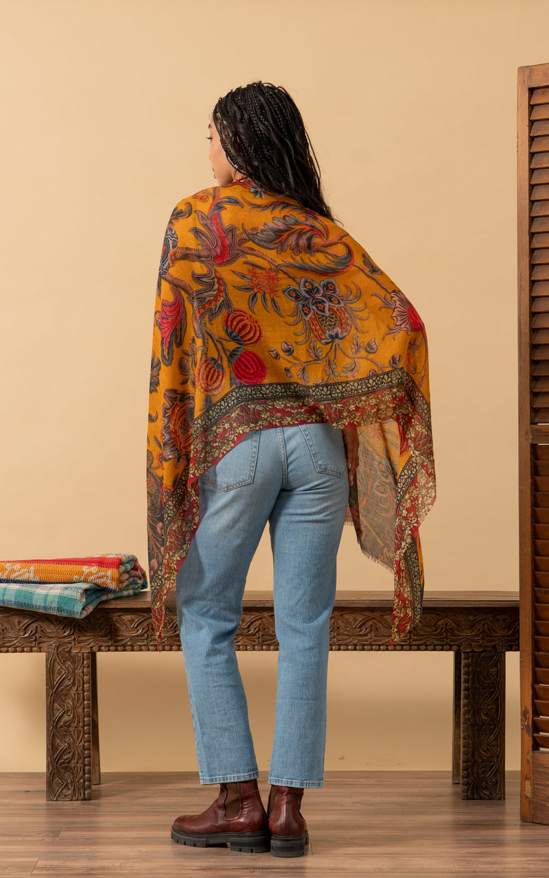 Silk Wool Shawl, Saffron Floral