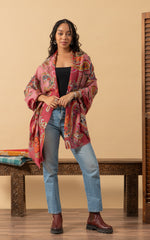 Silk Wool Shawl, Large Size, Flamingo Paisley