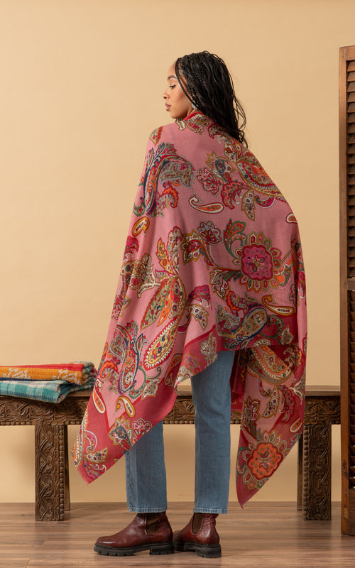 Silk Wool Shawl, Large Size, Flamingo Paisley