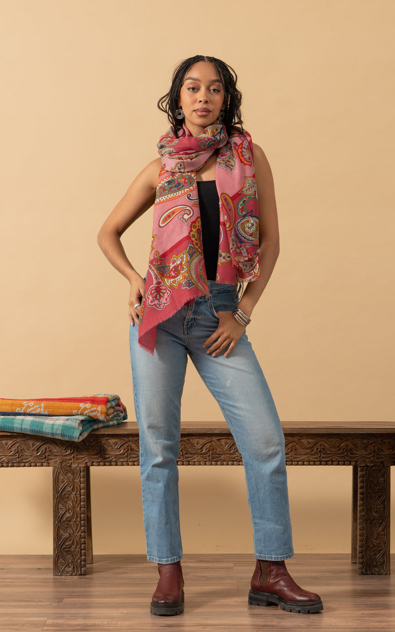 Silk Wool Shawl, Large Size, Flamingo Paisley