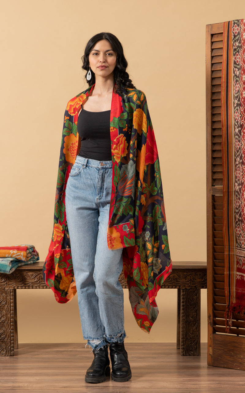 Silk Wool Shawl, Large Size, Nila Blue