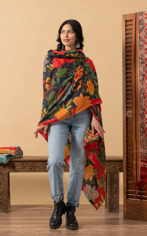 Silk Wool Shawl, Large Size, Nila Blue