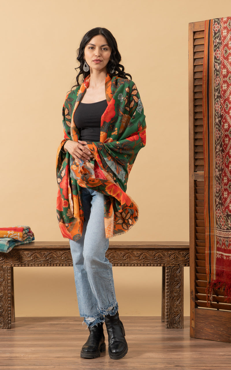 Silk Wool Shawl, Large Size, Nila Green