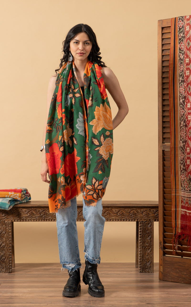 Silk Wool Shawl, Large Size, Nila Green