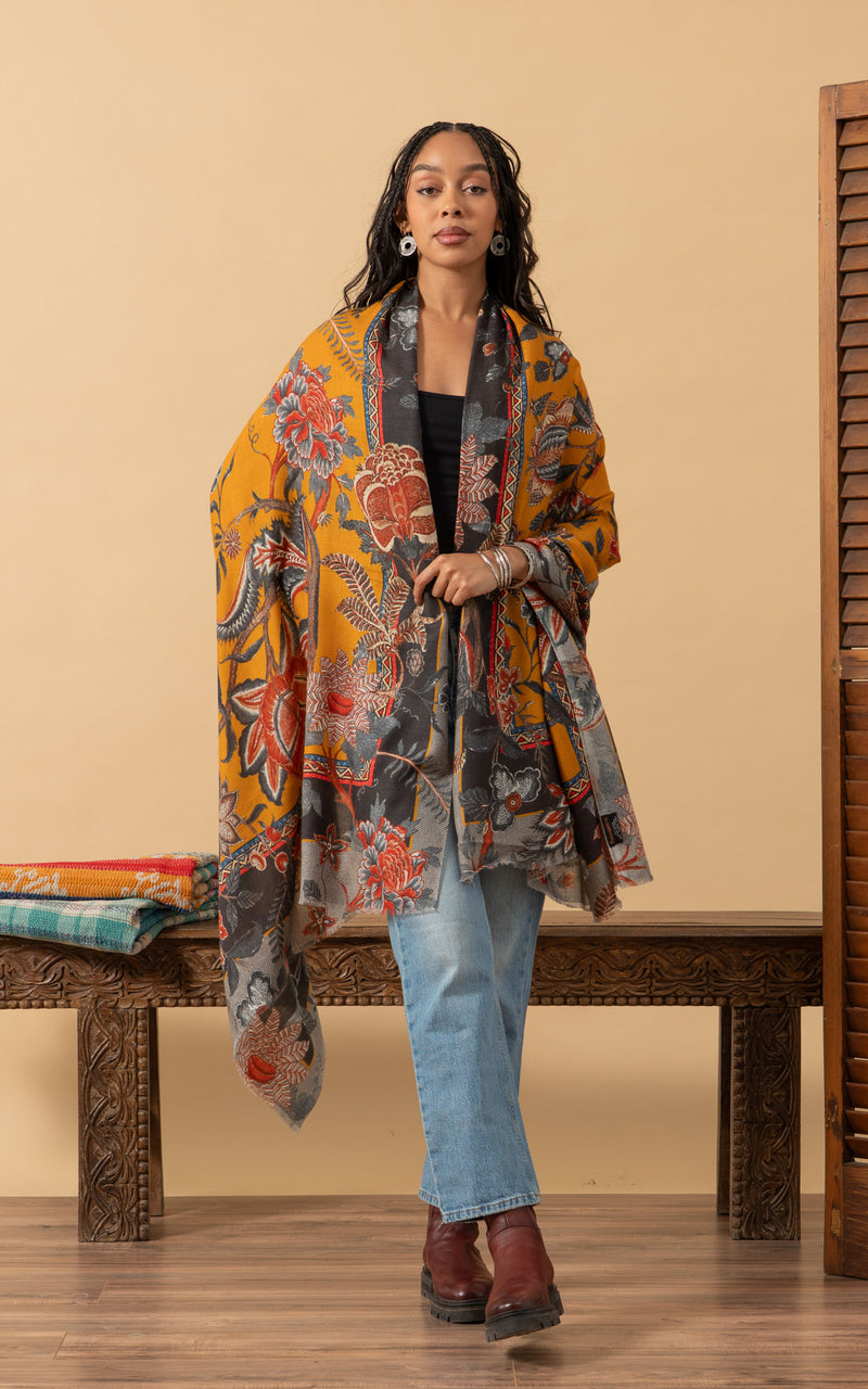 Silk Wool Shawl, Large Size, Gold Chintz