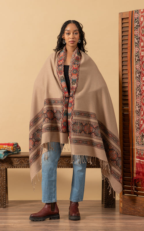 Tribal Shawl, Large, Beige Geometric