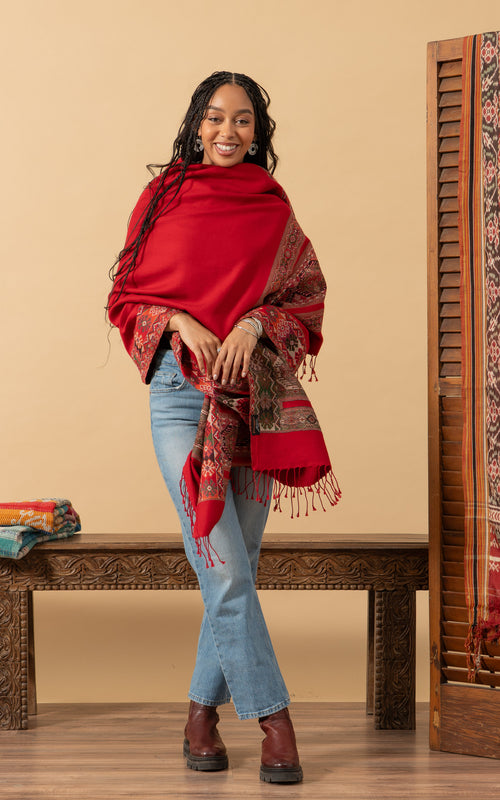 Tribal Shawl, Large, Red Geometric
