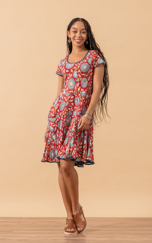 Santa Fe Dress,Short, Cap Sleeve, Red & Turquoise Floral